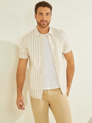 Beige Men's GUESS Falls Striped Shirts | USA78LPXWH