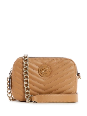 Beige Women's GUESS Noelle Quilted Camera Crossbodies | USA07DMHRZ