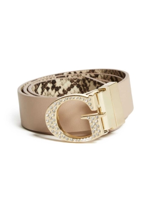 Beige Women's GUESS Reversible Rhinestone G-Buckle Belts | USA56BJMKQ