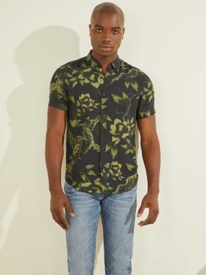 Black Green Men's GUESS Eco Rayon Forest Shirts | USA09TBESW