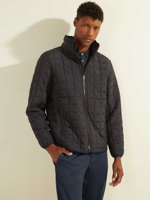 Black Men's GUESS Active Nylon Puffer Jackets | USA06BKQXN