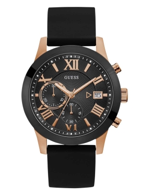 Black Men's GUESS Black and Rose Gold-Tone Multifunction Watches | USA70IUJLR