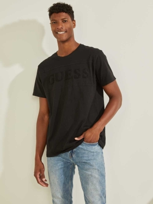 Black Men's GUESS Chenille Logo T-Shirts | USA09UCBGA