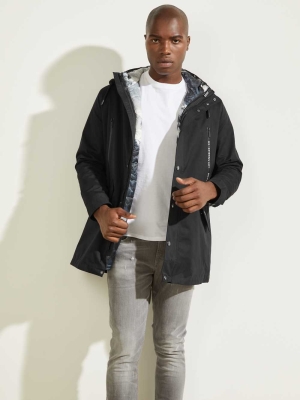 Black Men's GUESS Commuter Double Parka Jackets | USA84KGQBF