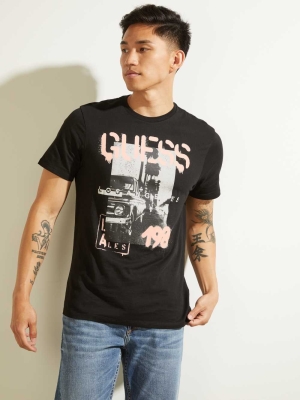 Black Men's GUESS Eco LA Scenic T-Shirts | USA79NHYSX