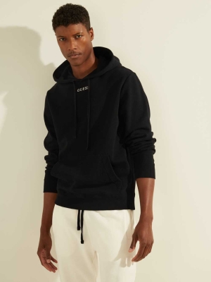 Black Men's GUESS Eco Roy Embroidered Logo Hoodies | USA13CSYDO