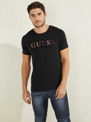 Black Men's GUESS Embossed Logo T-Shirts | USA71WGQNI