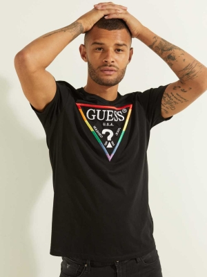 Black Men's GUESS Embroidered Rainbow Logo T-Shirts | USA83SHTGW