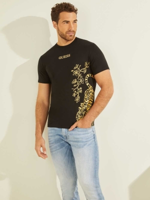 Black Men's GUESS Gold Tiger T-Shirts | USA94WJGQC