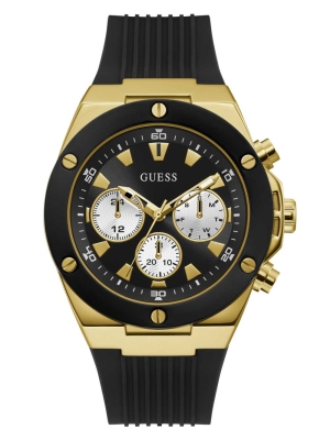 Black Men's GUESS Gold-Tone And Black Chrono-Look Multifunction Watches | USA43BMLVY