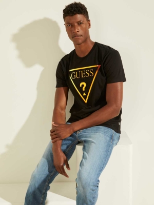 Black Men's GUESS Hologram Logo T-Shirts | USA67MVWGS