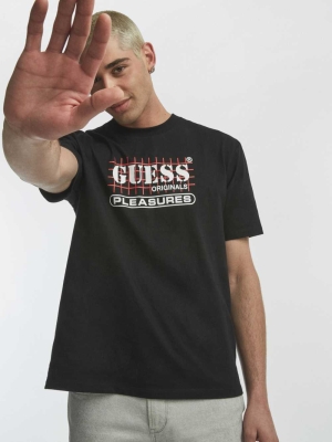 Black Men's GUESS Originals x PLEASURES Logo T-Shirts | USA72NWZAU