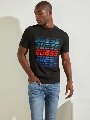 Black Men's GUESS Repeat Logo T-Shirts | USA91QXAUW