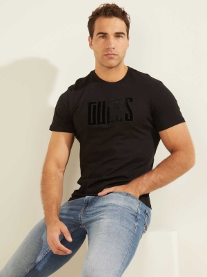 Black Men's GUESS Velvet Applique T-Shirts | USA51QXPEY