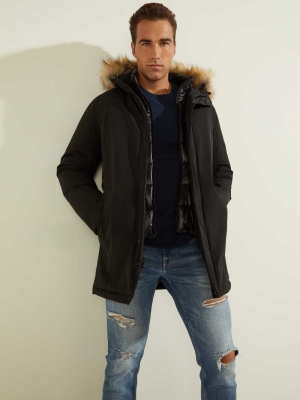 Black Multicolor Men's GUESS Brian Faux-Fur Hooded Coats | USA94CTMLX