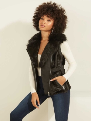 Black Multicolor Women's GUESS Faux-Fur Moto Vest | USA23EOCMW