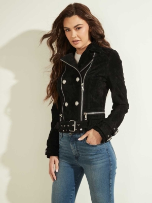 Black Multicolor Women's GUESS Olivia Suede Moto Jackets | USA14ANYFH