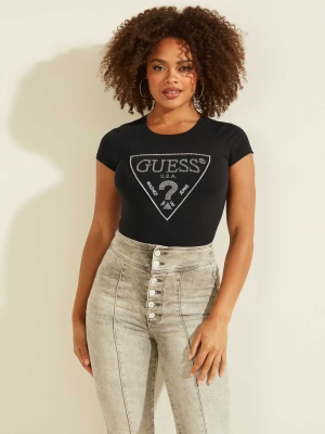 Black Women's GUESS Amalur Logo T-Shirts | USA08TFYKH