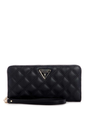 Black Women's GUESS Cessily Quilted Large Zip-Around Wallets | USA57SWUAO