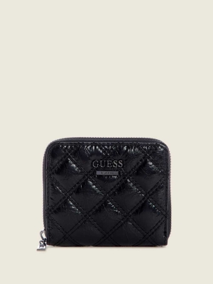 Black Women's GUESS Cessily Quilted Small Zip-Around Wallets | USA09HKJRW