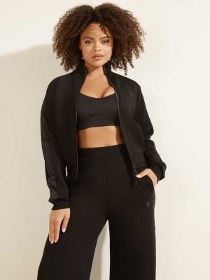 Black Women's GUESS Cropped Scuba Logo Zip-up Jackets | USA21ELQIY