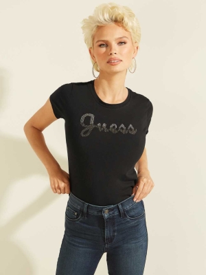 Black Women's GUESS Split Script Logo T-Shirts | USA23VMCTK