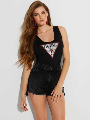 Black Women's GUESS Triangle Logo Bodysuit | USA84VNMOK