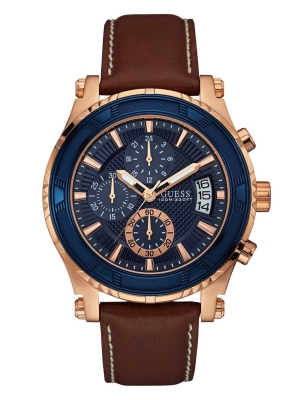 Blue Brown Men's GUESS Brown and Rose Gold-Tone Leather Sport Watches | USA61KWSBT