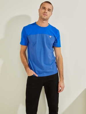 Blue Men's GUESS Larrie Color-Block T-Shirts | USA36UYCWE