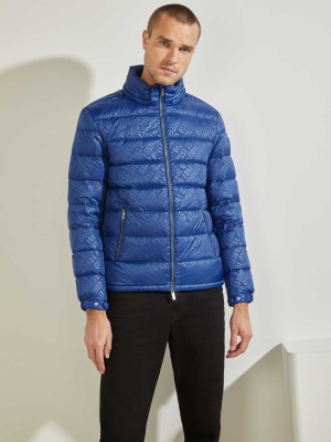 Blue Men's GUESS Logo Down Puffer Jackets | USA16HJQDR