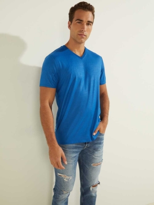 Blue Men's GUESS Mason Yoke V-Neck T-Shirts | USA12BWXEU