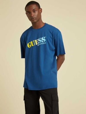 Blue Men's GUESS Originals Ombre Logo T-Shirts | USA94OHXFZ