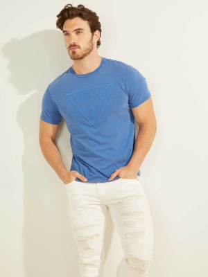 Blue Multicolor Men's GUESS Embroidered Logo T-Shirts | USA54UNERX