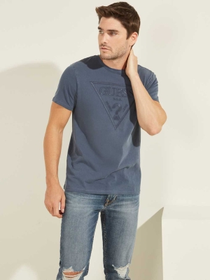 Blue Multicolor Men's GUESS Embroidered Logo T-Shirts | USA97FQZPI