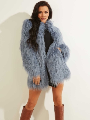 Blue Women's GUESS Maurizia Shaggy Faux-Fur Coats | USA23AJQGP