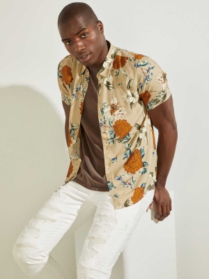 Brown Men's GUESS Eco Cascade Floral Shirts | USA78NGSRQ