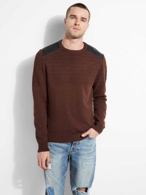 Brown Men's GUESS Liam Herringbone Contrast Sweaters | USA47YFQSV