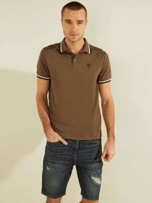 Brown Men's GUESS Sports Pique Logo Polo Shirts | USA68XBUJL