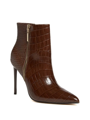 Brown Multicolor Women's GUESS Croc Leather Zipper Booties | USA29JVHLR