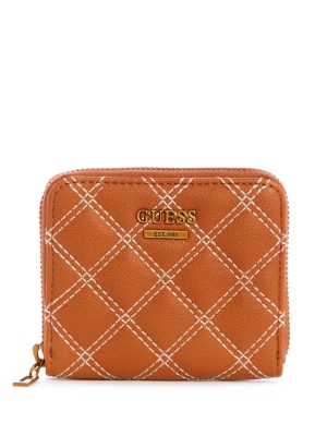 Brown Women's GUESS Cessily Quilted Small Zip-Around Wallets | USA80JWNBI