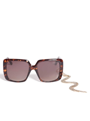 Brown Women's GUESS Rhinestone Chain Square Sunglasses | USA21SNHVF