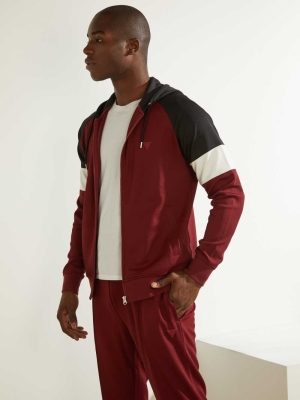 Burgundy Men's GUESS Eco Phil Color-Block Zip-Up Hoodies | USA90ACKZM