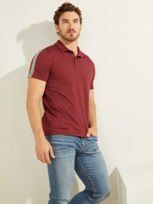 Burgundy Men's GUESS Pique Logo-Taping Polo Shirts | USA27EAZBT