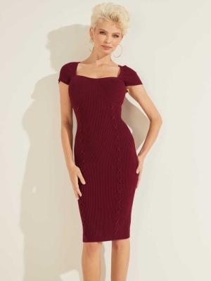 Burgundy Women's GUESS Margot Ribbed Dresses | USA90MYLDP