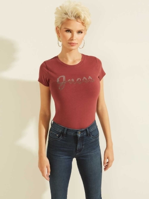 Burgundy Women's GUESS Split Script Logo T-Shirts | USA20WRBKV