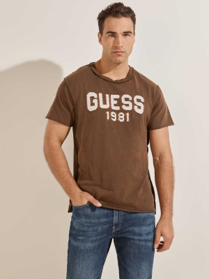 Chocolate Brown Men's GUESS Eco Raw Patchwork Logo T-Shirts | USA25RLBSU