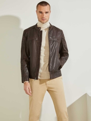 Chocolate Brown Men's GUESS Leather Biker Jackets | USA61PXKSA