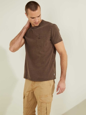 Chocolate Brown Multicolor Men's GUESS Sueded Jersey T-Shirts | USA37YZJXH