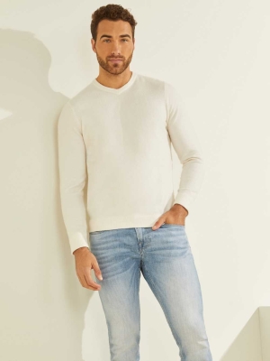 Cream White Men's GUESS Esmere Wool-Blend V-Neck Sweaters | USA51VYMAF