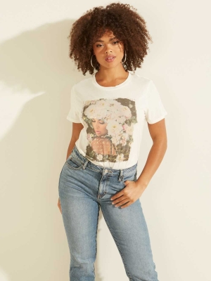 Cream White Women's GUESS Eco Roses Easy T-Shirts | USA85RBVHD